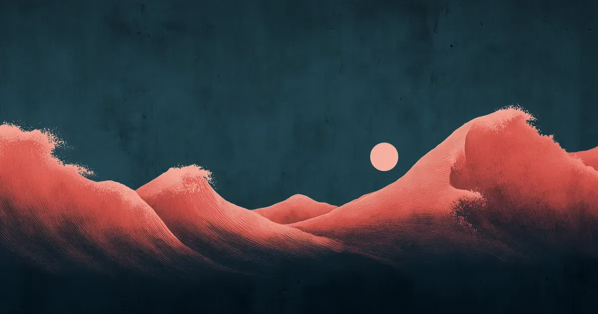 Pink waves under a dark indigo sky with a moon