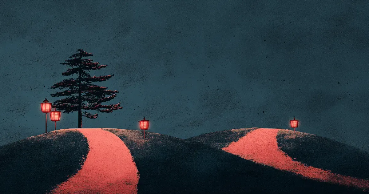 Well lit paths diverge on a pleasant evening. 