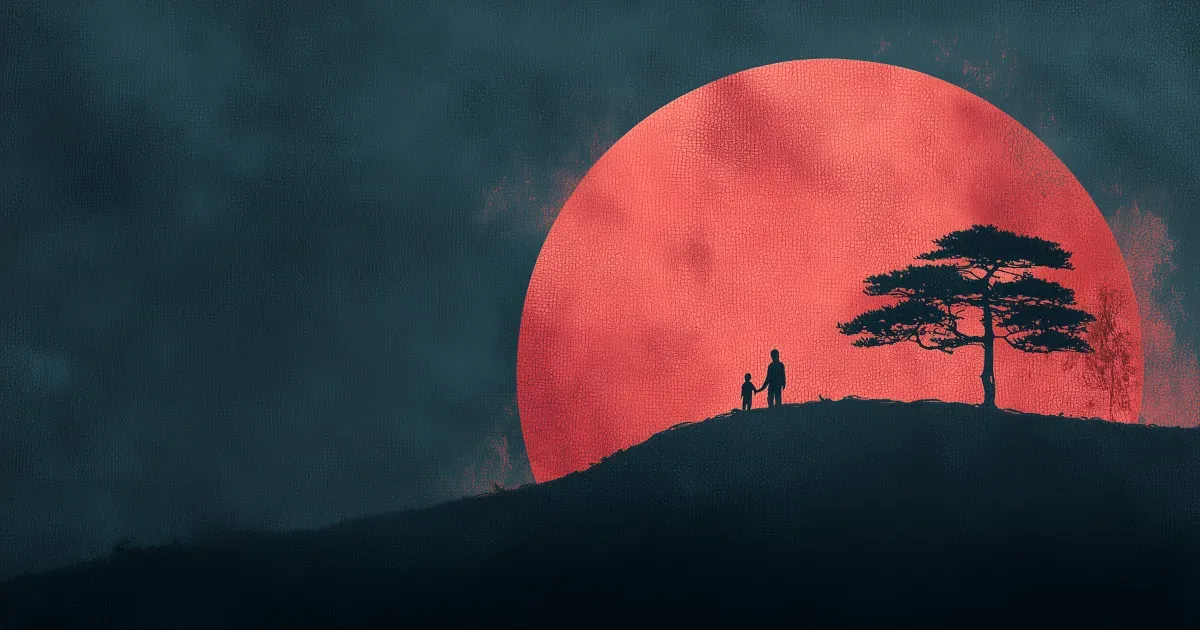 Parent and child starting on another exciting journey under a large moon; family and child silhouetted in front of a large moon