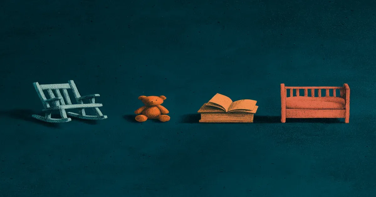 A simple bedtime sequence, showing a rocking chair, teddy bear, book, and toddler bed