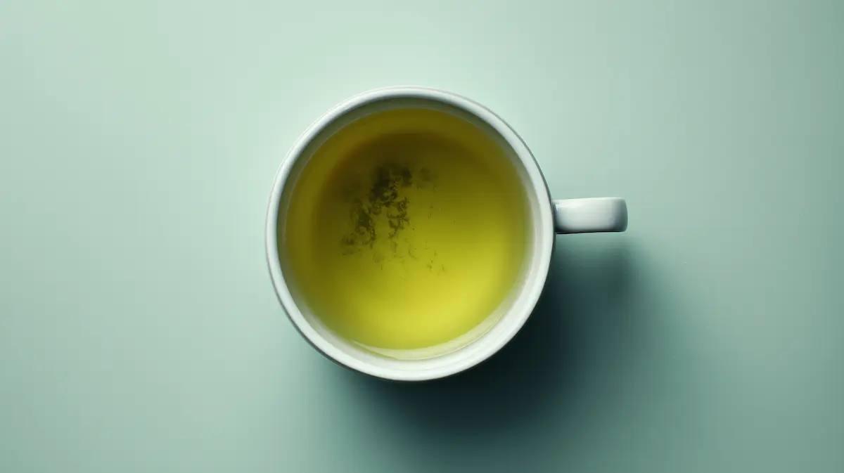 A cup of green tea on a pale teal background in a white cup