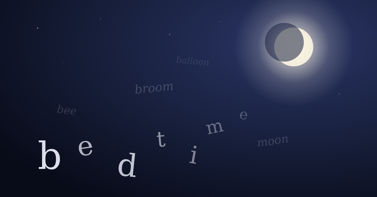 The word 'bedtime' breaking into floating letters beneath a crescent moon, illustrating the cognitive shuffle technique.