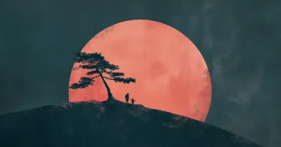 Parent and child under a moon looking forward to a journey