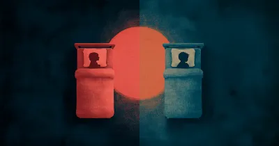 Two people sleeping in separate beds, with a setting sun inbetween. 