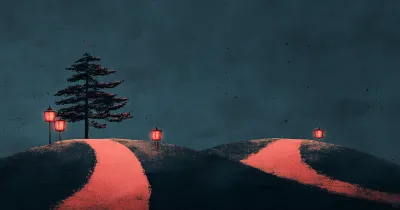 Well lit paths diverge on a pleasant evening. 