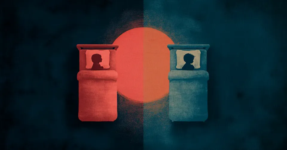 Two people sleeping in separate beds, with a setting sun inbetween. 