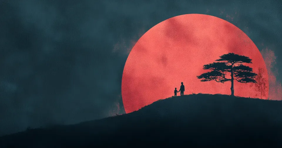 Parent and child starting on another exciting journey under a large moon; family and child silhouetted in front of a large moon