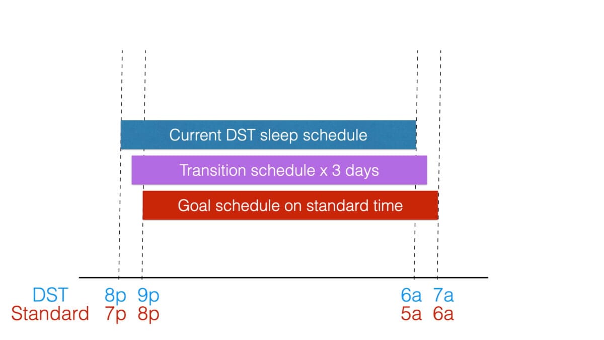 This demonstrates how to adjust the sleep schedule of an early riser prior to falling back. In this example, you will have your child go to sleep at 8:30 PM to 6:30 AM (DST-- OLD TIME) for three days before falling back, then move them back to the old clock schedule at the new time (8 PM to 6 AM STANDARD TIME).