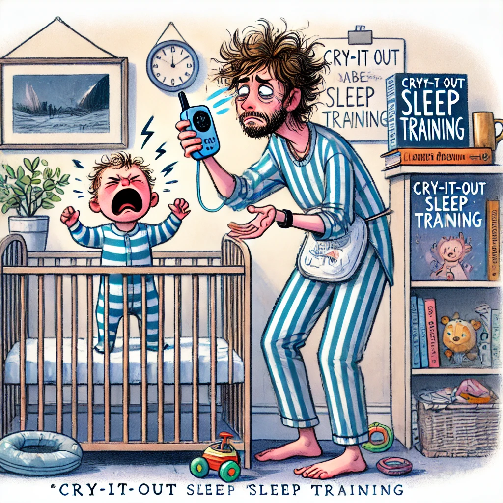 A very frazzled looking dad trying to sleep train his baby
