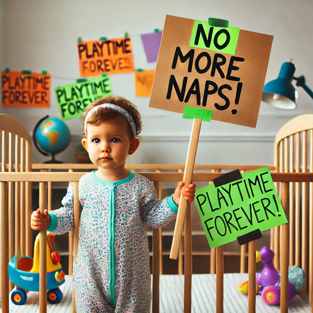 Infant going on a nap strike humorously holding up a sign like she is going on a picket line of babies. 