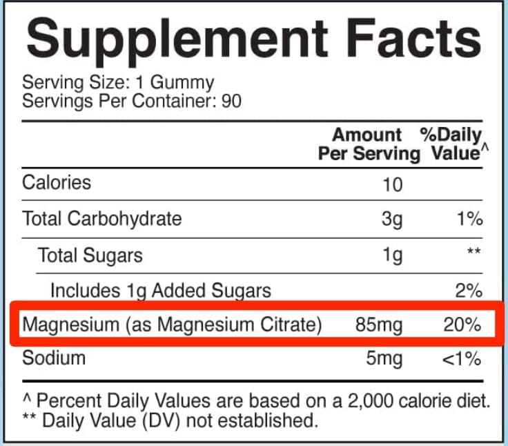 Example of a label on a magnesium supplement for children. Magnesium is noted as the mg of magnesium, with the salt specified (magnesium citrate)